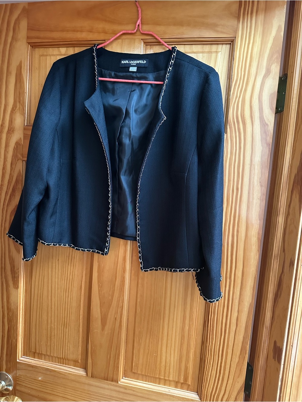 Karl Lagerfeld Black Cropped Open-Front Blazer with Chain Trim